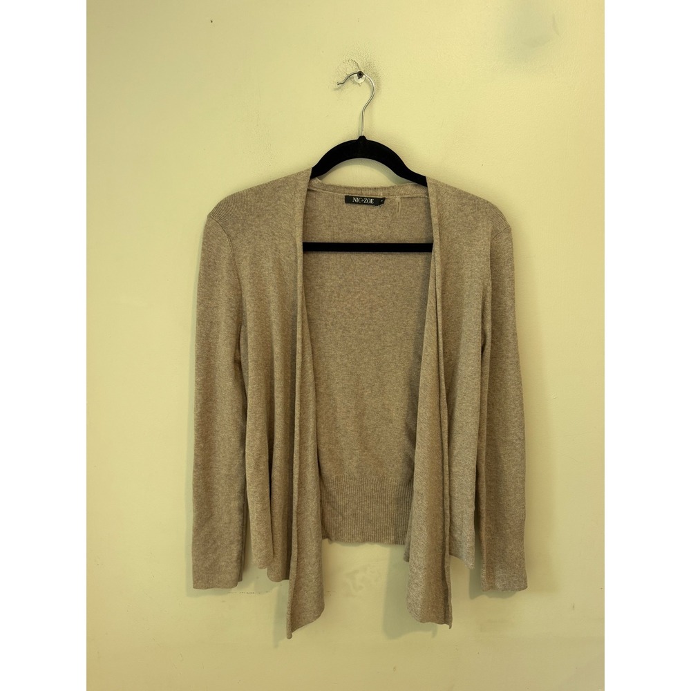 Nic+Zoe Women Taupe Tan Open Front Draped Knit Cardigan Sweater Size S